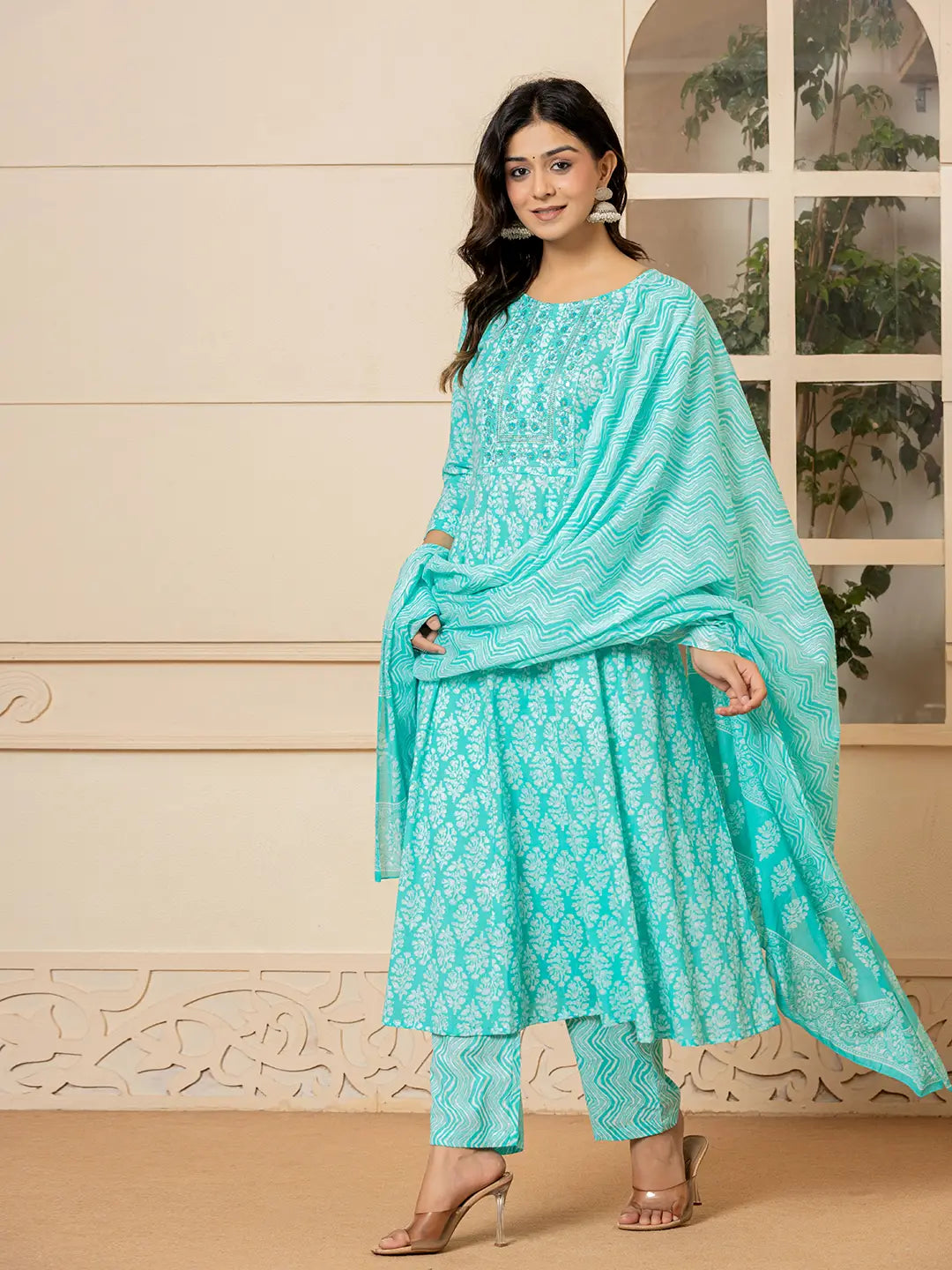 Turquoise Embroidered Pure Cotton Anarkali Kurta Trouser With Dupatta Set-Yufta Store-6967SKDTBS