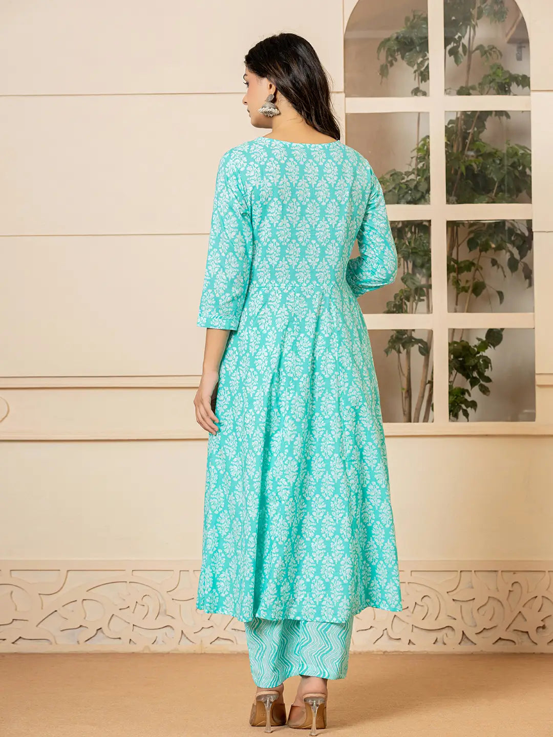 Turquoise Embroidered Pure Cotton Anarkali Kurta Trouser With Dupatta Set-Yufta Store-6967SKDTBS