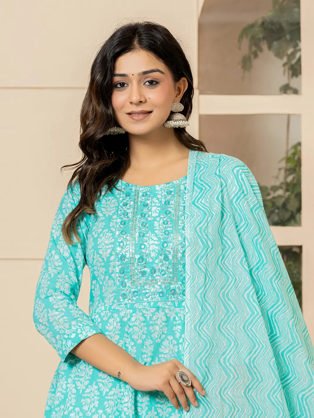 Turquoise Embroidered Pure Cotton Anarkali Kurta Trouser With Dupatta Set-Yufta Store-6967SKDTBS