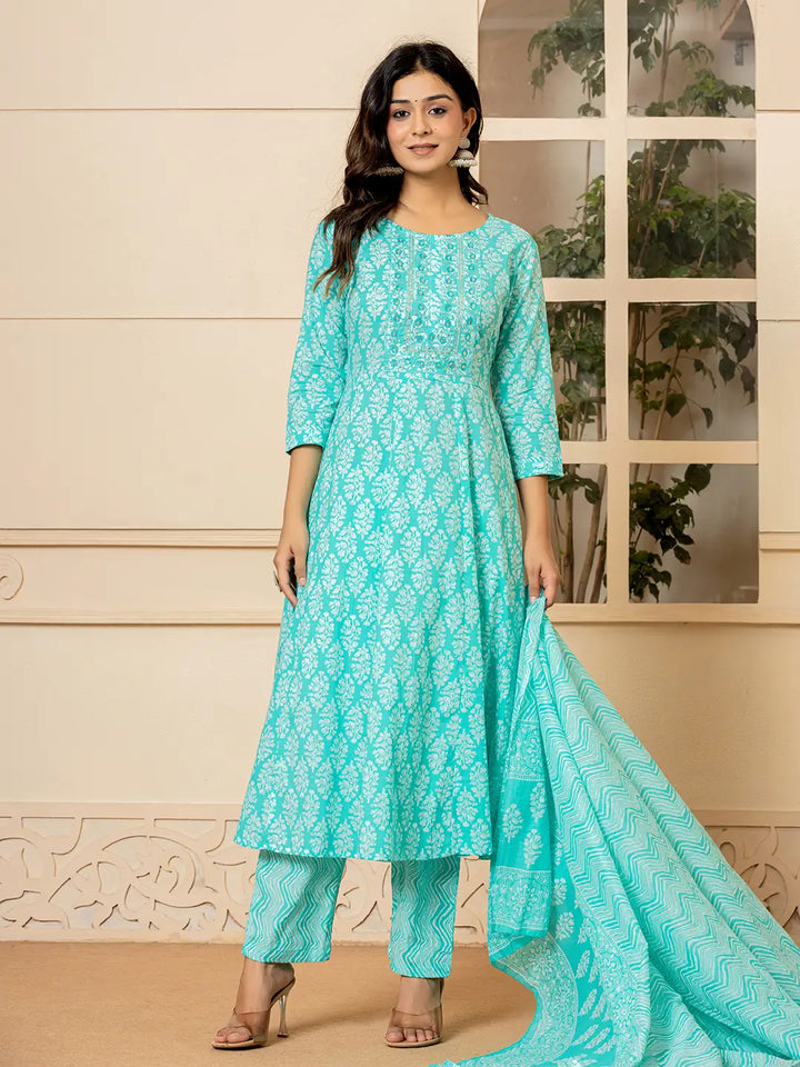 Turquoise Embroidered Pure Cotton Anarkali Kurta Trouser With Dupatta Set-Yufta Store-6967SKDTBS