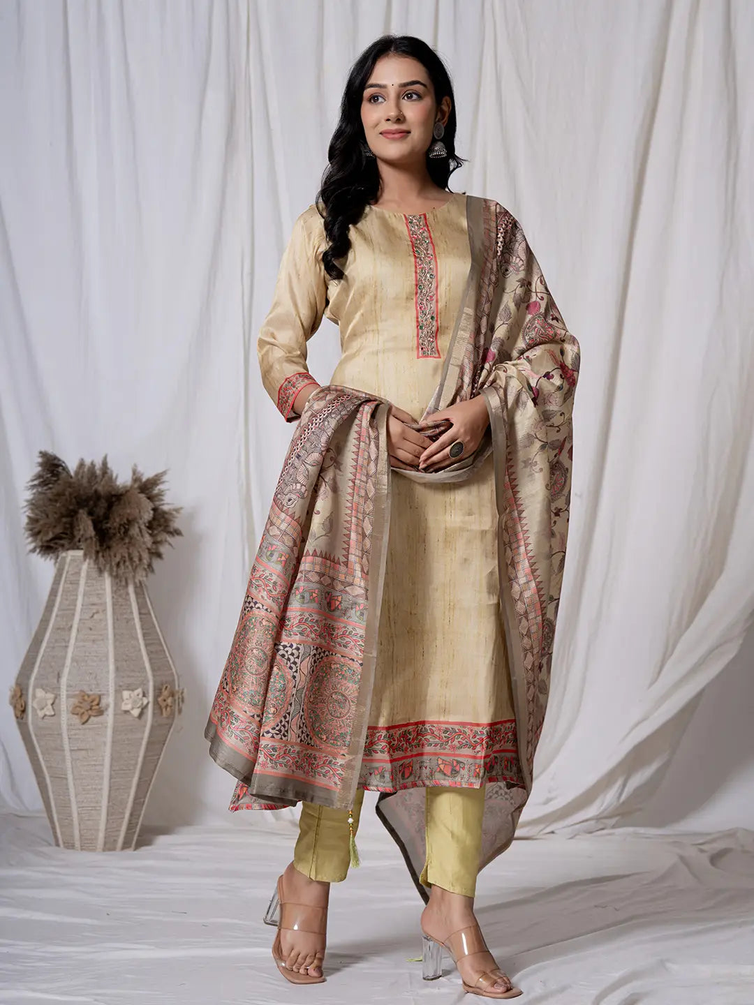 Tussar Silk Beige A-Line Kurta Dupatta Set-Yufta Store-7054SKDGRS