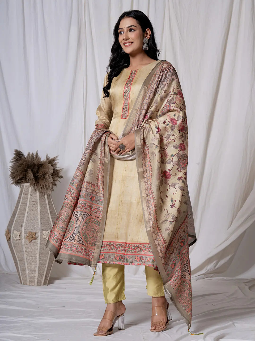 Tussar Silk Beige A-Line Kurta Dupatta Set-Yufta Store-7054SKDGRS