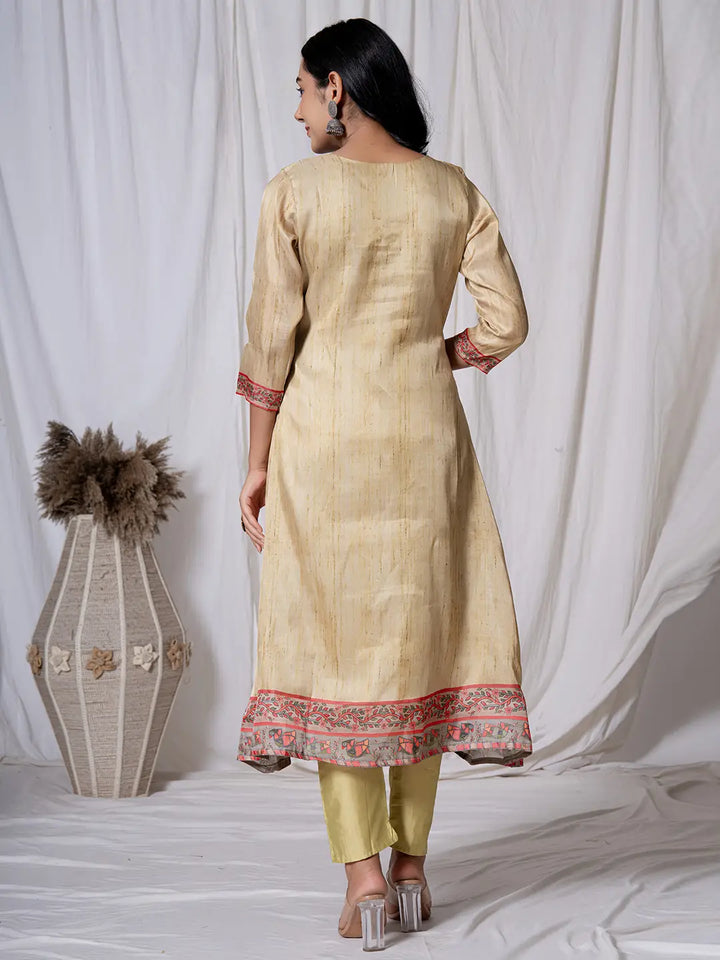 Tussar Silk Beige A-Line Kurta Dupatta Set-Yufta Store-7054SKDGRS