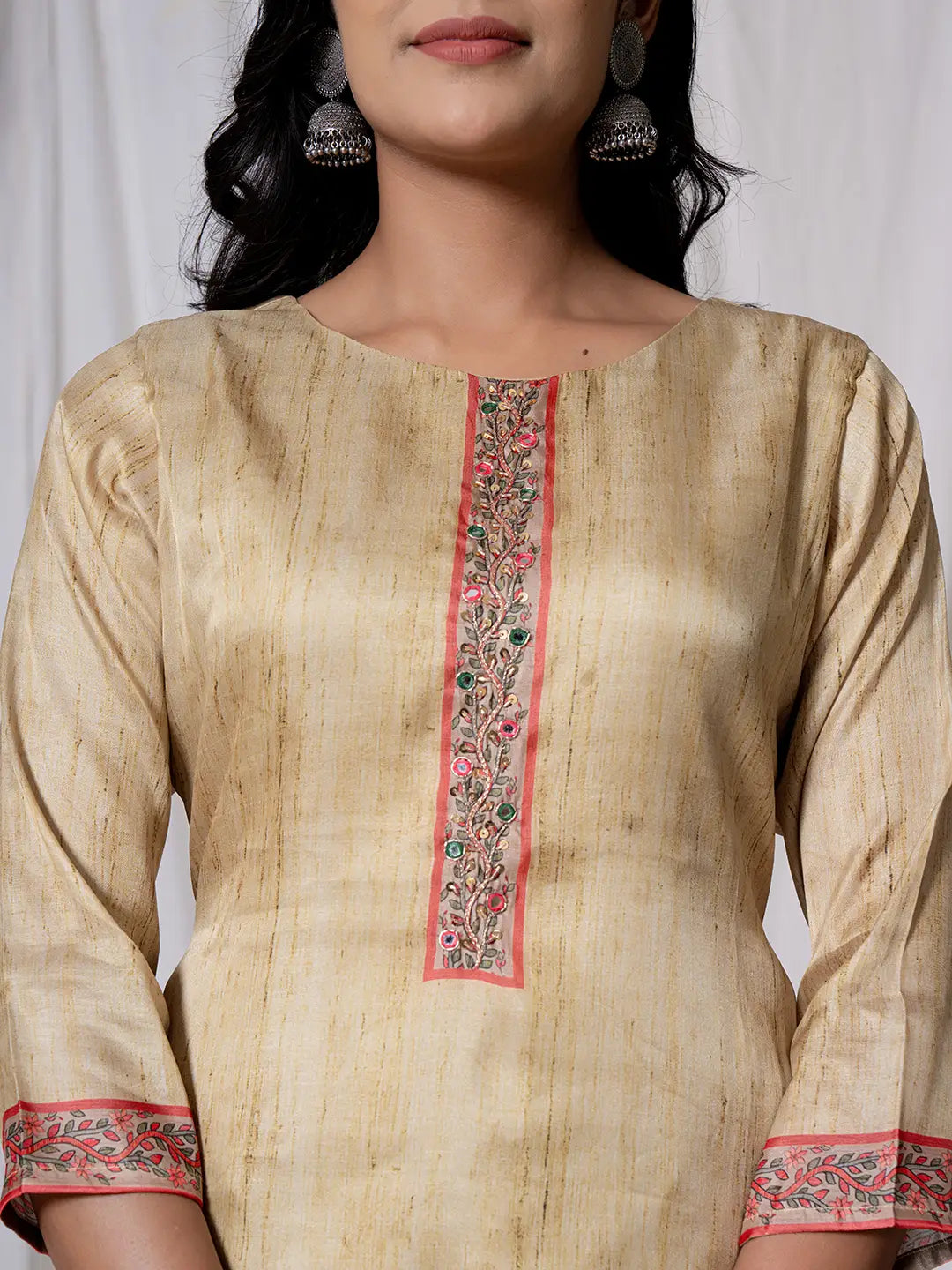 Tussar Silk Beige A-Line Kurta Dupatta Set-Yufta Store-7054SKDGRS