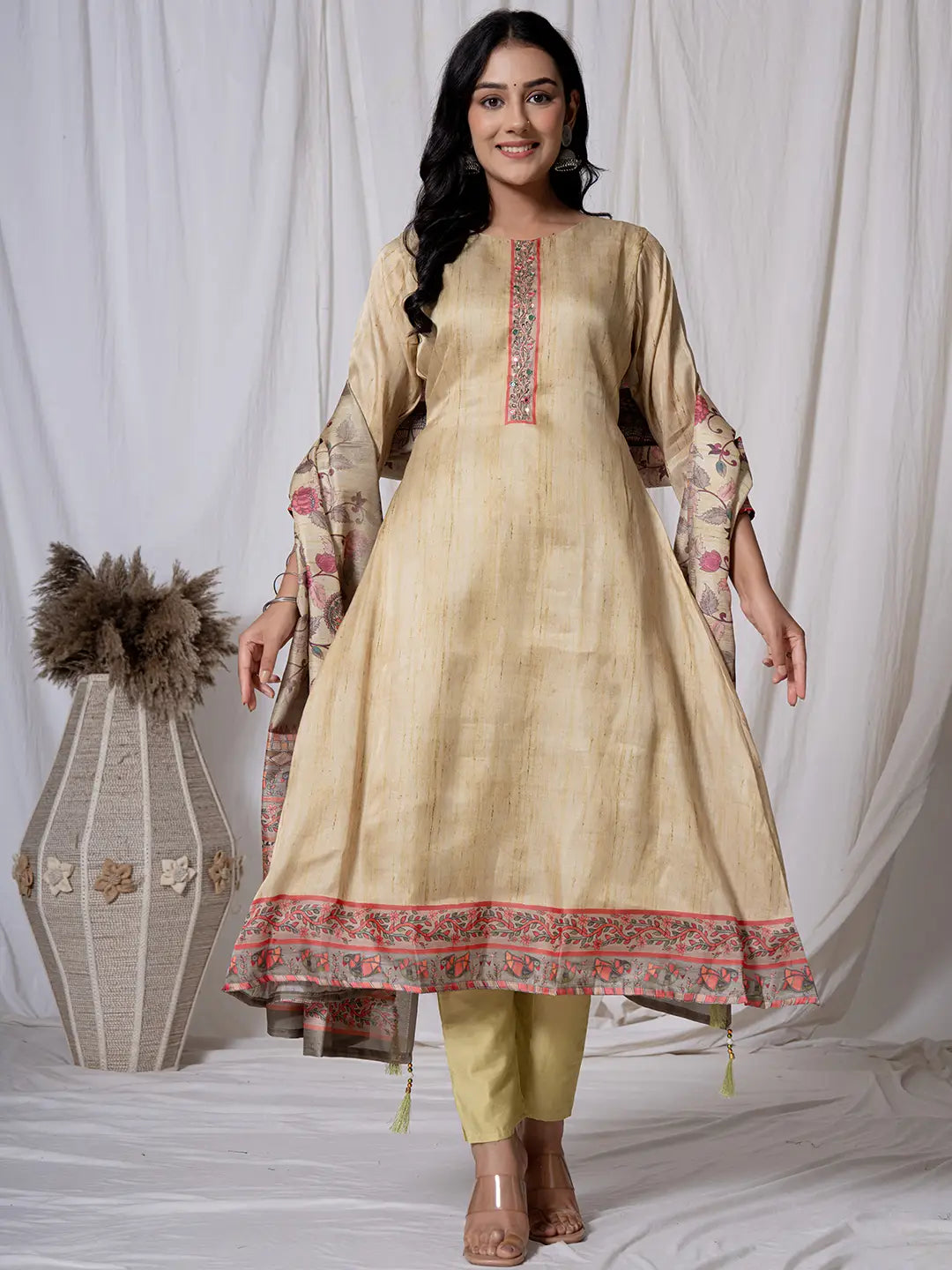 Tussar Silk Beige A-Line Kurta Dupatta Set-Yufta Store-7054SKDGRS