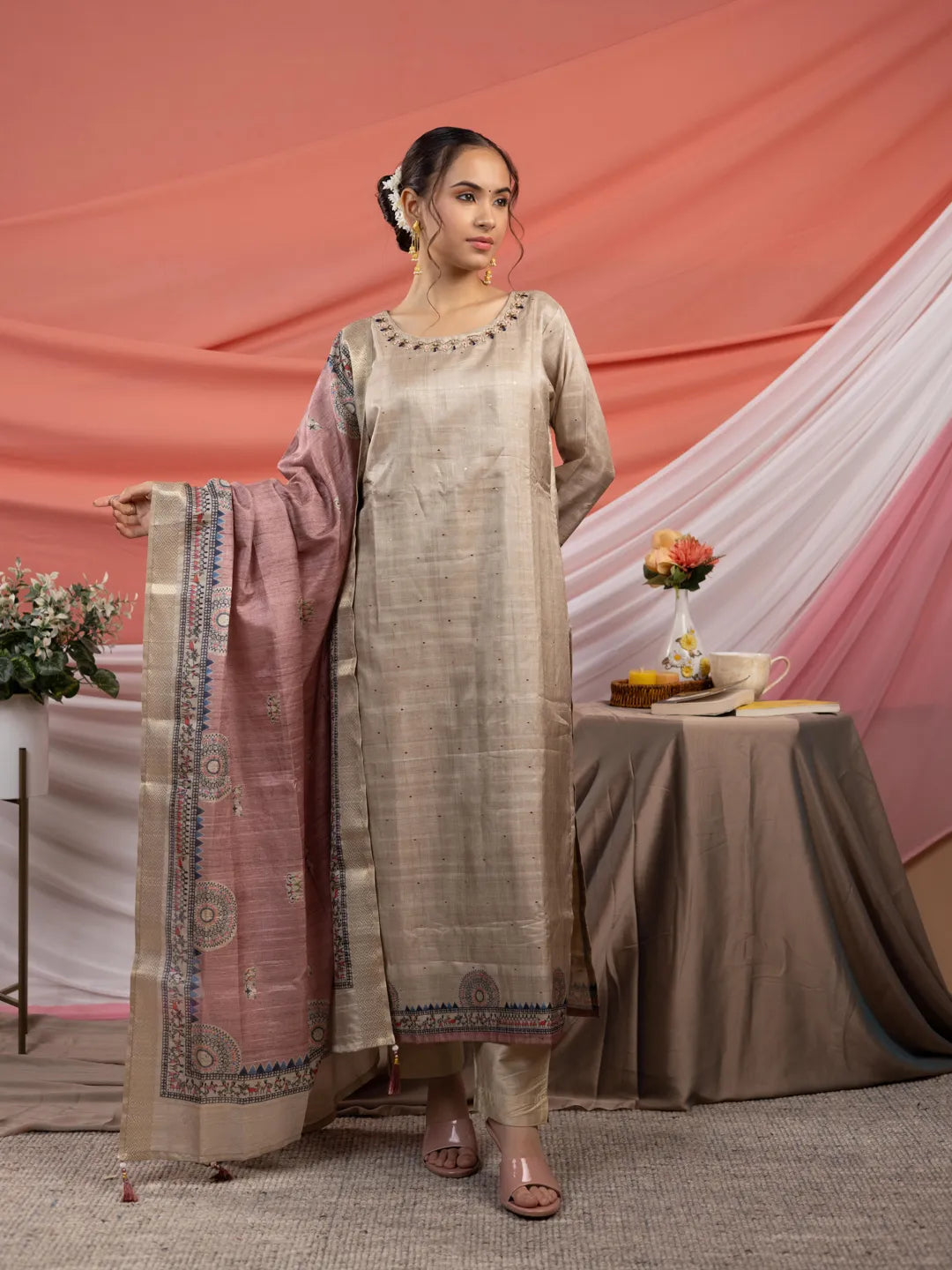 Tussar Silk Beige Kurta Dupatta Set-Yufta Store-7053SKDBGS