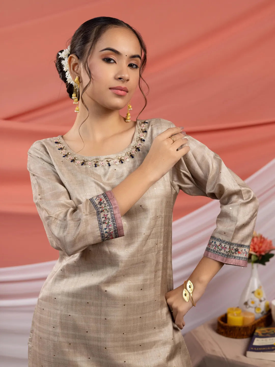 Tussar Silk Beige Kurta Dupatta Set-Yufta Store-7053SKDBGS