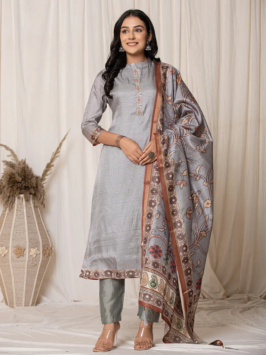 Tussar Silk Grey A-Line Kurta Dupatta Set-Yufta Store-7056SKDGYS