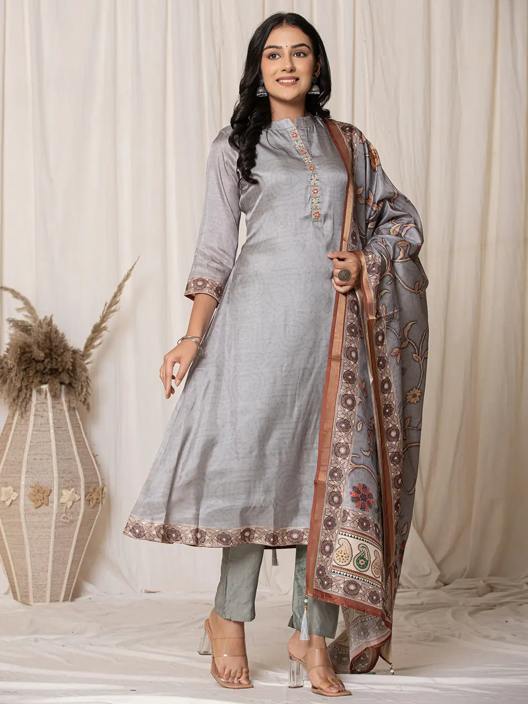 Tussar Silk Grey A-Line Kurta Dupatta Set-Yufta Store-7056SKDGYS