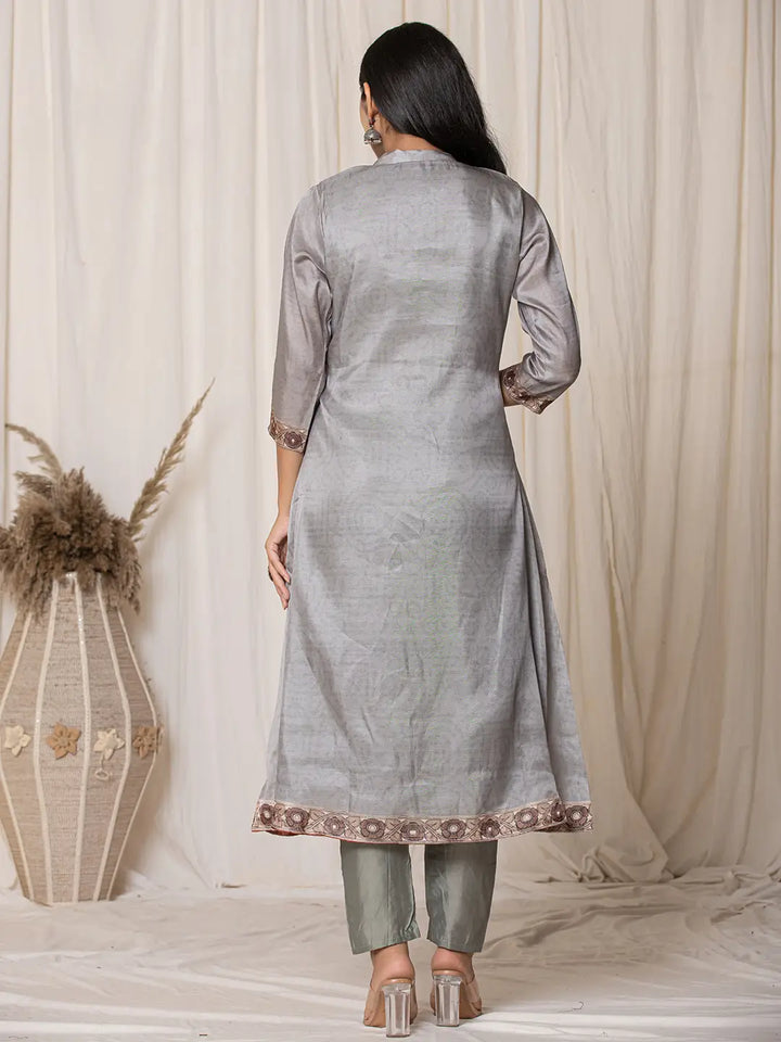 Tussar Silk Grey A-Line Kurta Dupatta Set-Yufta Store-7056SKDGYS