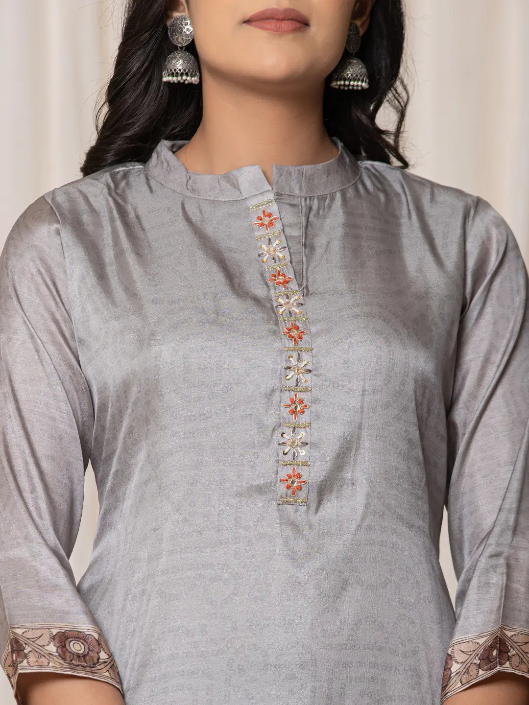 Tussar Silk Grey A-Line Kurta Dupatta Set-Yufta Store-7056SKDGYS