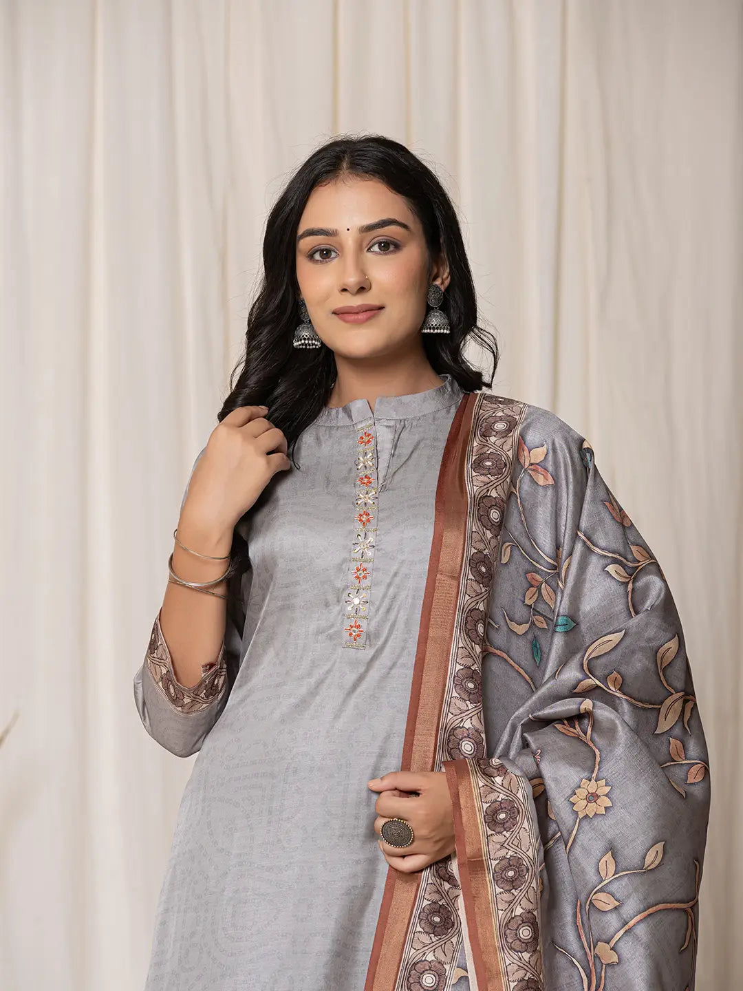 Tussar Silk Grey A-Line Kurta Dupatta Set-Yufta Store-7056SKDGYS