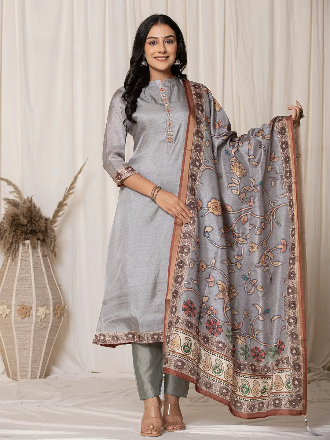 Tussar Silk Grey A-Line Kurta Dupatta Set-Yufta Store-7056SKDGYS