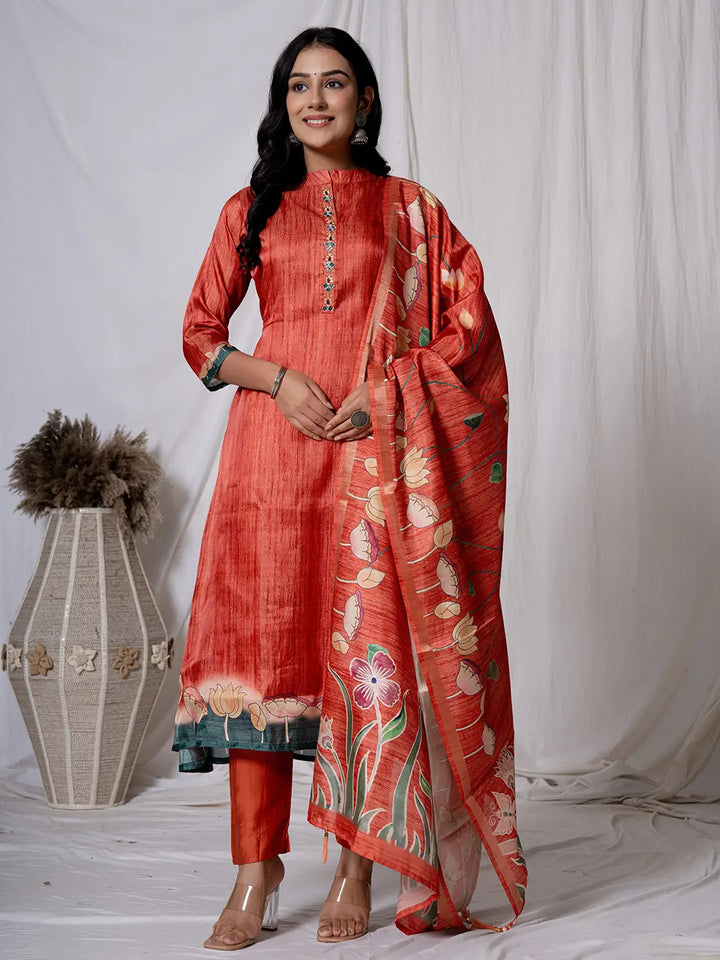 Tussar Silk Red A-Line Kurta Dupatta Set-Yufta Store-7058SKDRDS