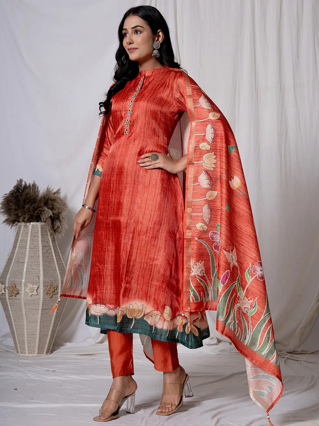 Tussar Silk Red A-Line Kurta Dupatta Set-Yufta Store-7058SKDRDS