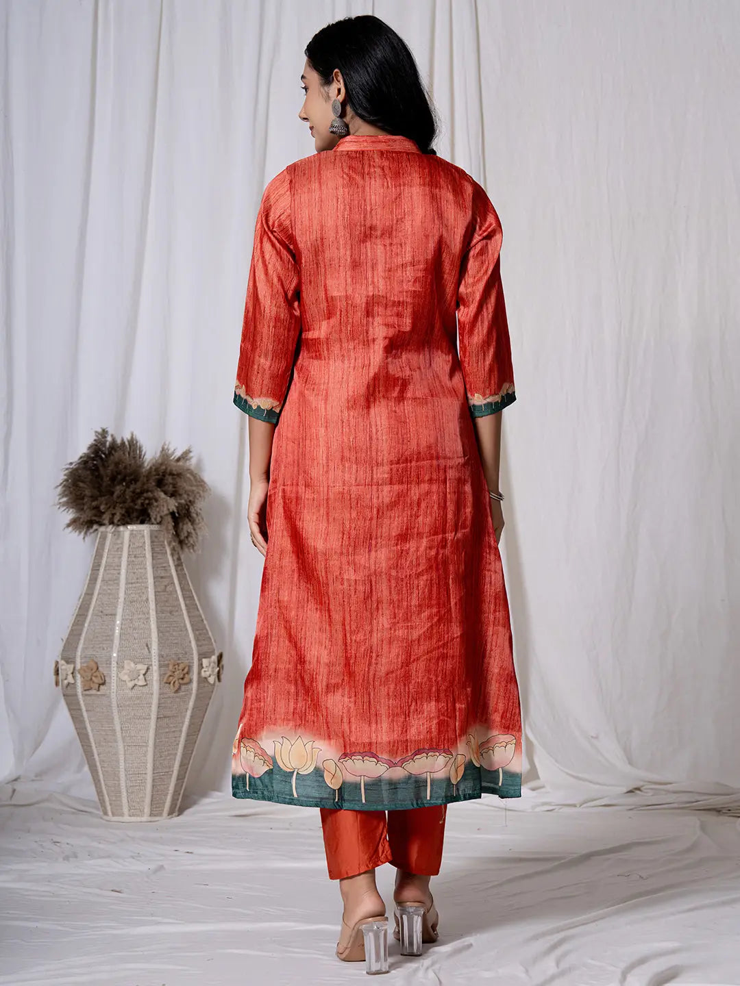 Tussar Silk Red A-Line Kurta Dupatta Set-Yufta Store-7058SKDRDS