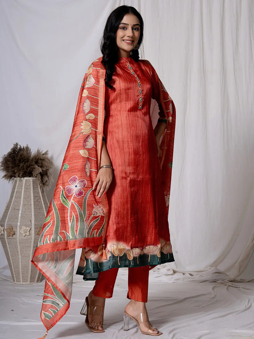 Tussar Silk Red A-Line Kurta Dupatta Set-Yufta Store-7058SKDRDS