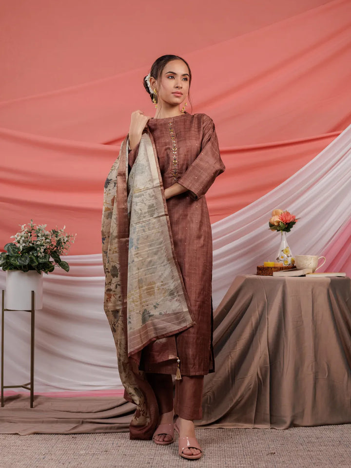 Tussar Silk Rust Kurta Dupatta Set-Yufta Store-7051SKDRTS