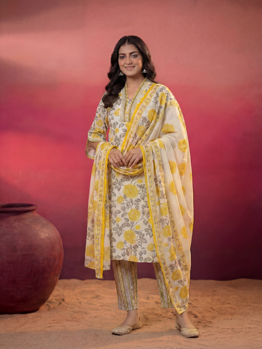 Yellow And Off White Cotton Pakistani Style Kurta Dupatta Set