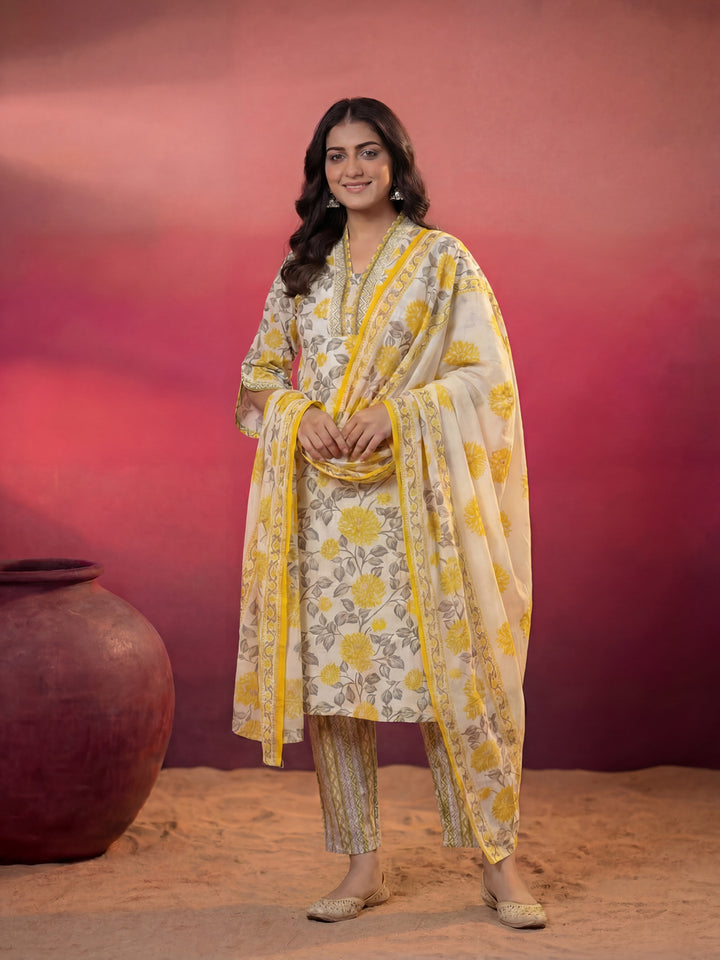 Yellow And Off White Cotton Pakistani Style Kurta Dupatta Set