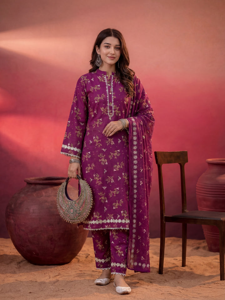 Purple Floral Print Straight Pakistani Style Kurta Trouser And Dupatta Set
