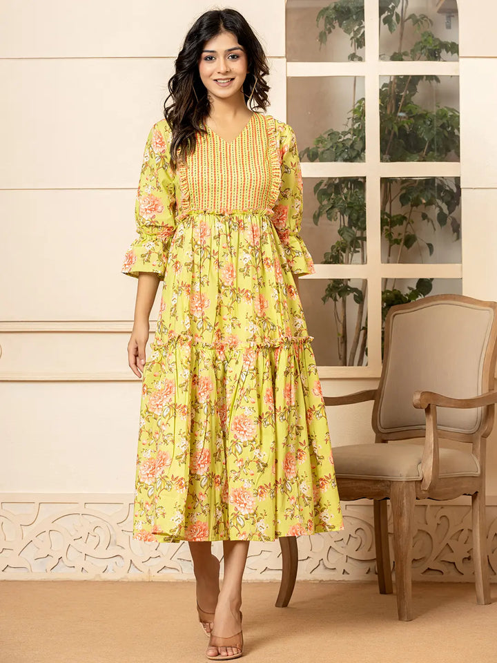 Green Cotton Floral Print Tiered Dress With Ruffles-Yufta Store-6939DRSGRS