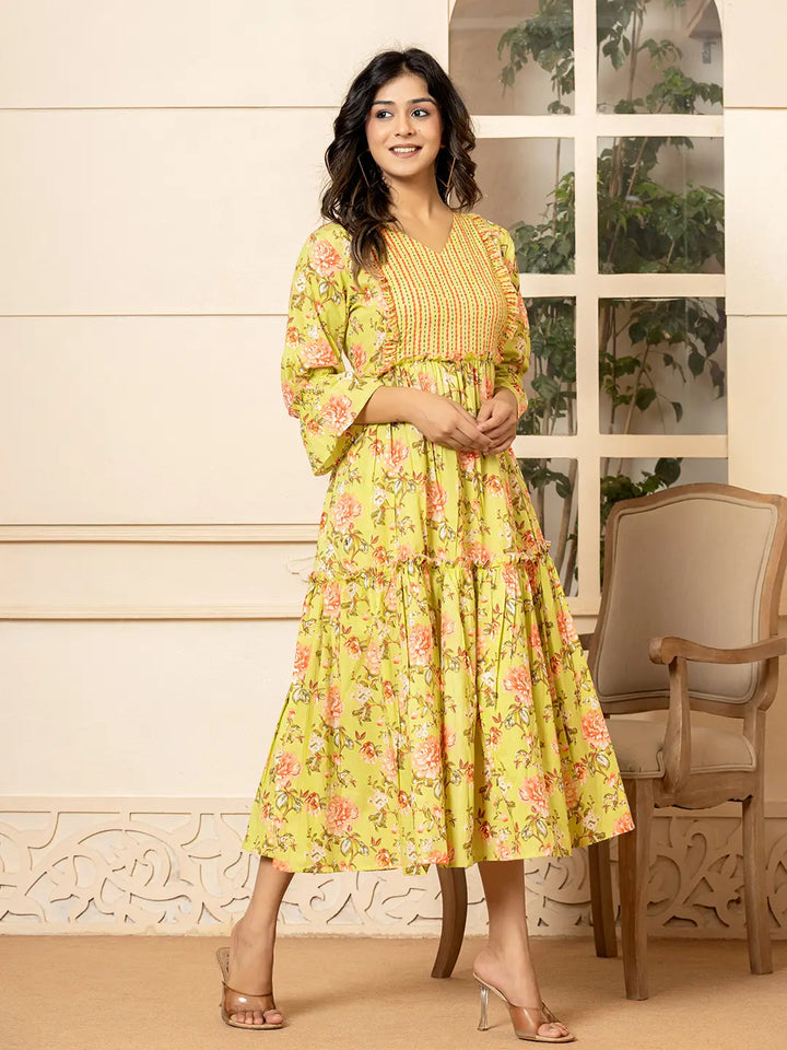 Green Cotton Floral Print Tiered Dress With Ruffles-Yufta Store-6939DRSGRS