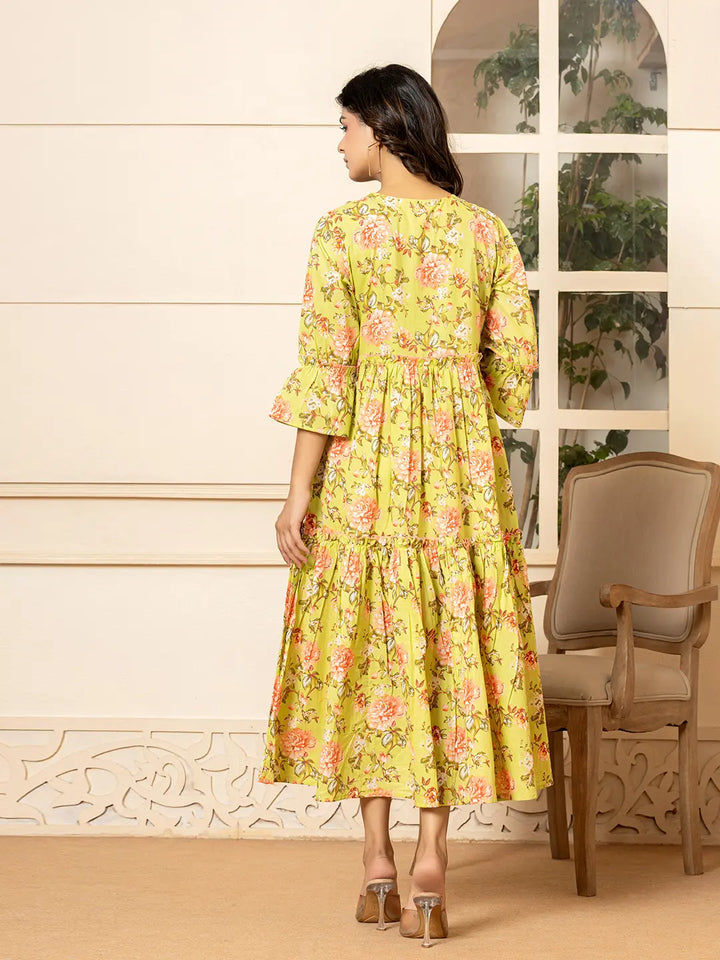 Green Cotton Floral Print Tiered Dress With Ruffles-Yufta Store-6939DRSGRS