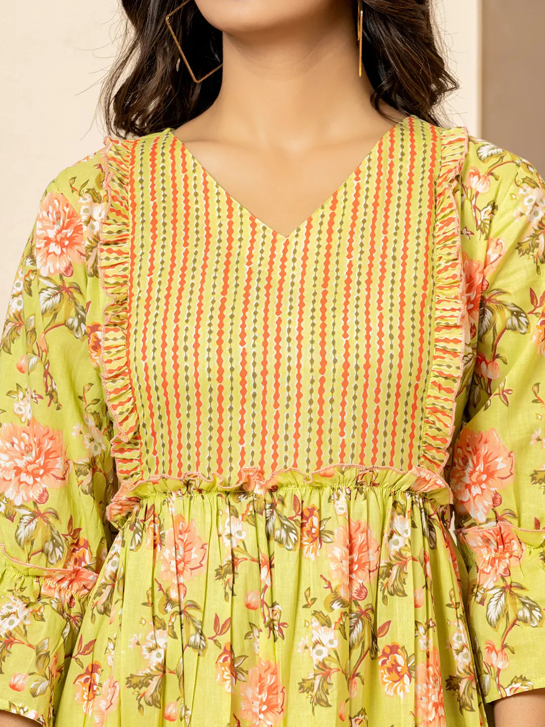 Green Cotton Floral Print Tiered Dress With Ruffles-Yufta Store-6939DRSGRS