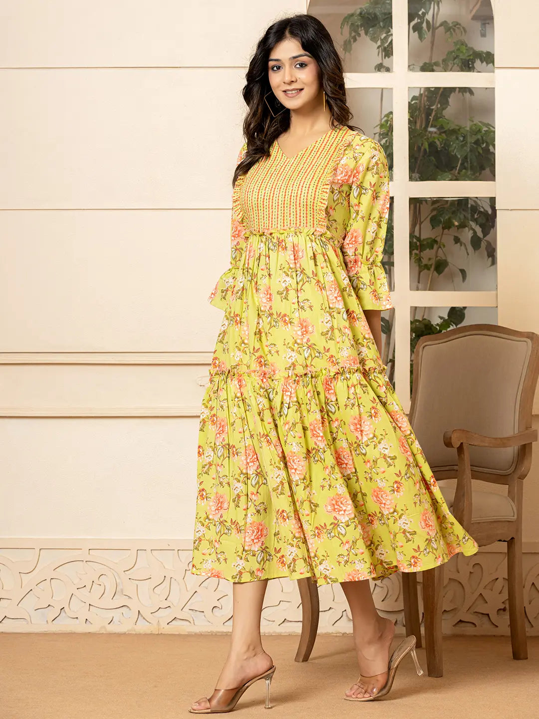 Green Cotton Floral Print Tiered Dress With Ruffles-Yufta Store-6939DRSGRS