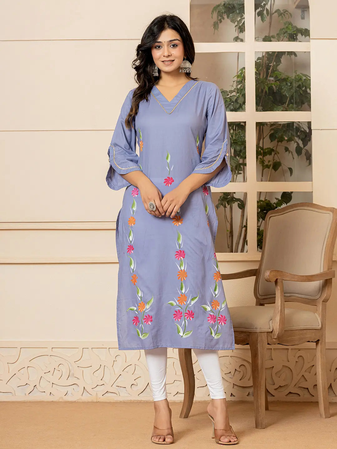 Violet Hand Painted Straight Kurta-Yufta Store-6978KURVLS