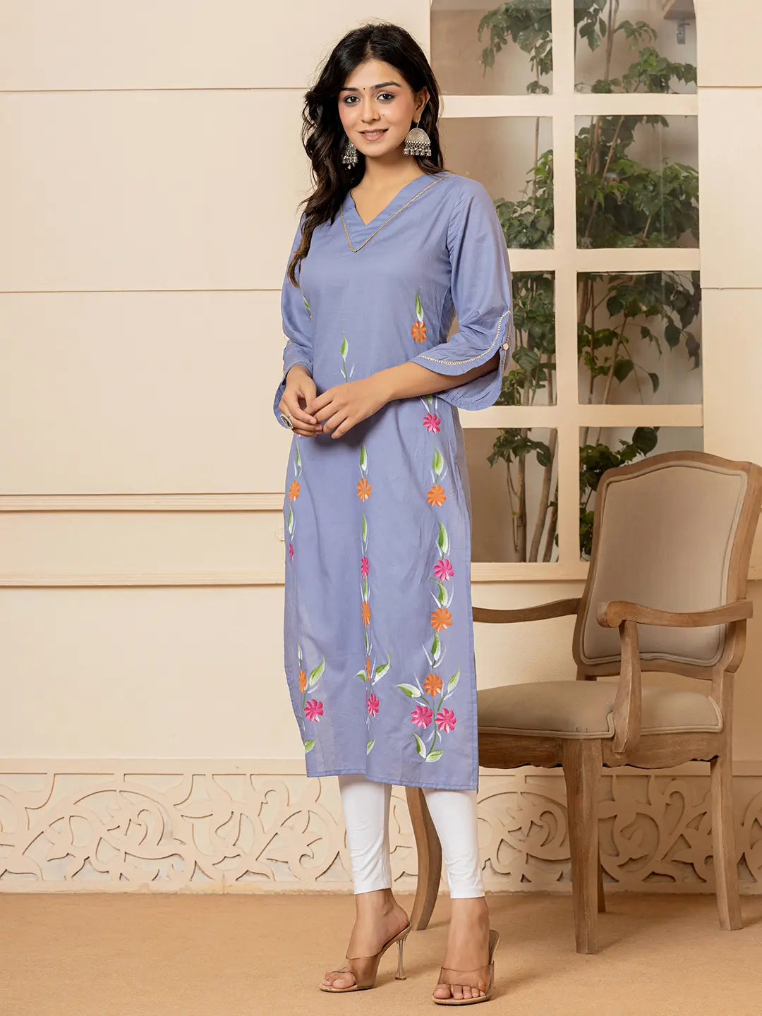 Violet Hand Painted Straight Kurta-Yufta Store-6978KURVLS