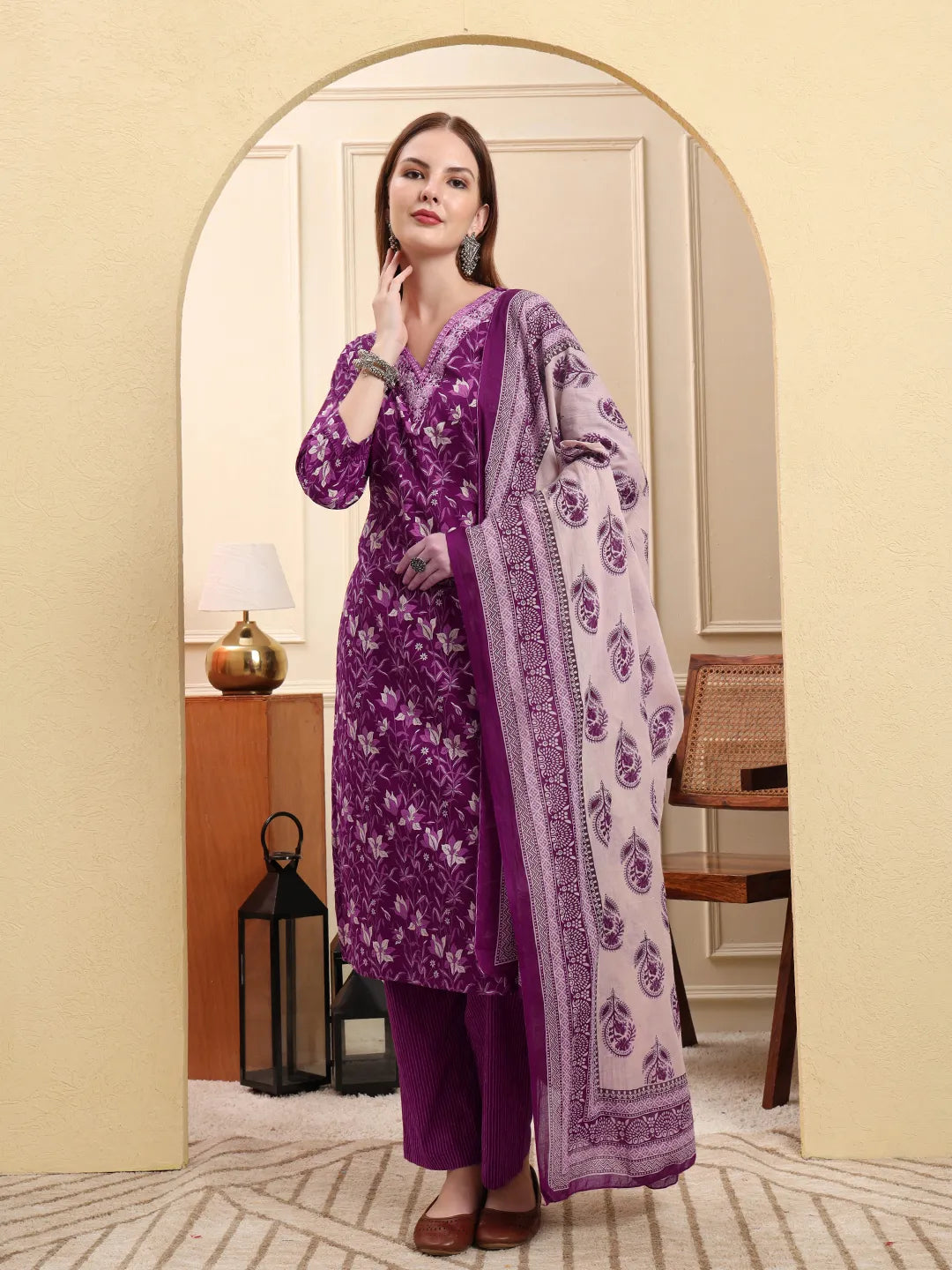 Violet Pure Cotton Kurta Dupatta Pant Set-Yufta Store-6624SKDVLM