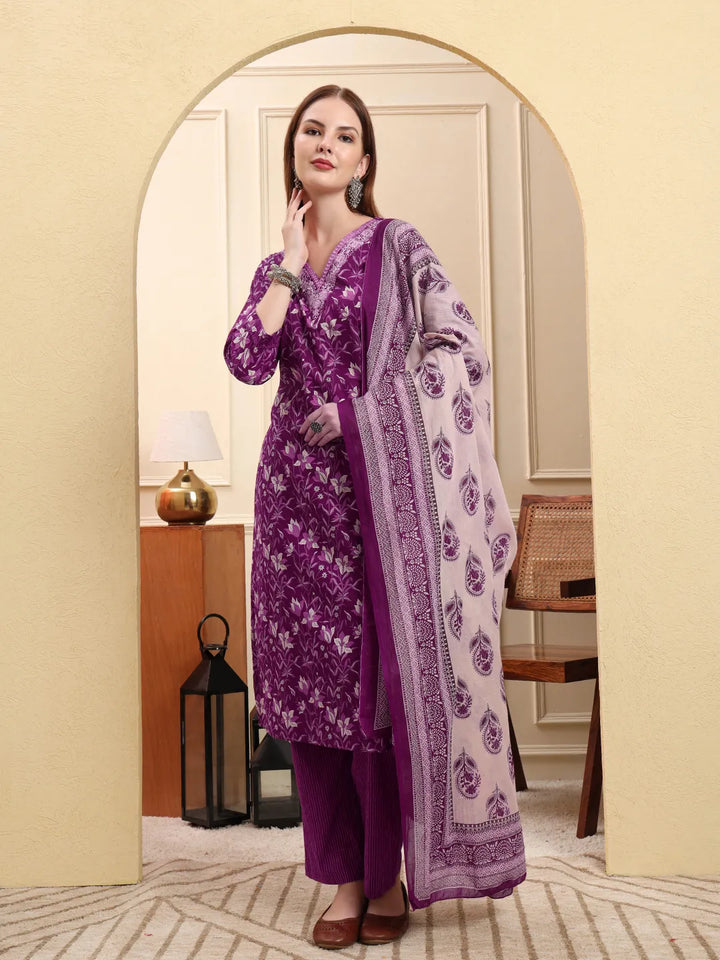Violet Pure Cotton Kurta Dupatta Pant Set-Yufta Store-6624SKDVLM
