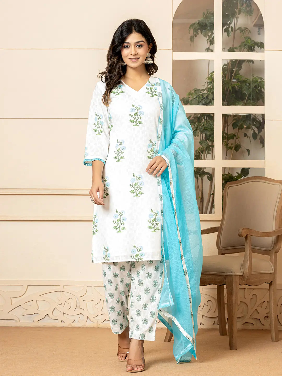 White And Sky Blue Cotton Floral Print Kurta Dupatta Set-Yufta Store-6009SKDSBS