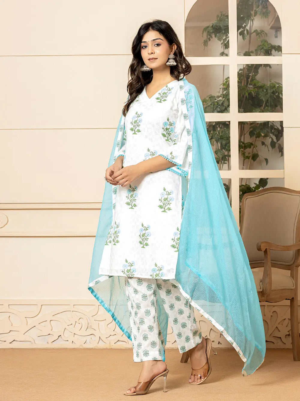 White And Sky Blue Cotton Floral Print Kurta Dupatta Set-Yufta Store-6009SKDSBS