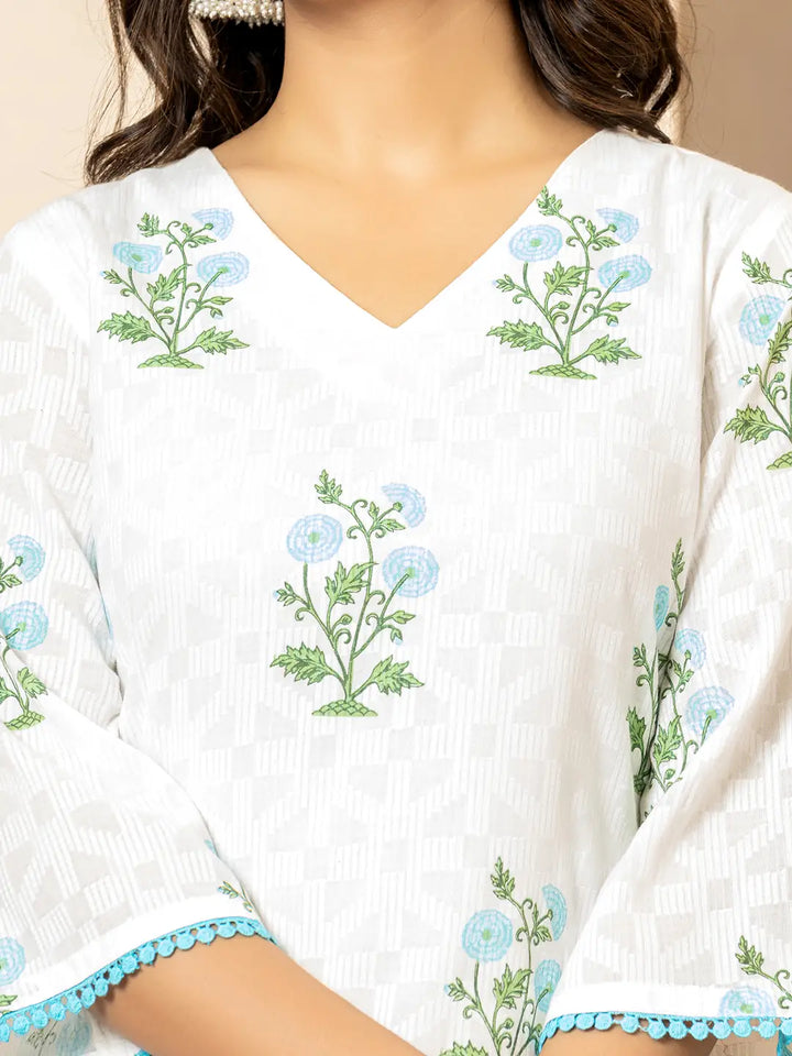 White And Sky Blue Cotton Floral Print Kurta Dupatta Set-Yufta Store-6009SKDSBS