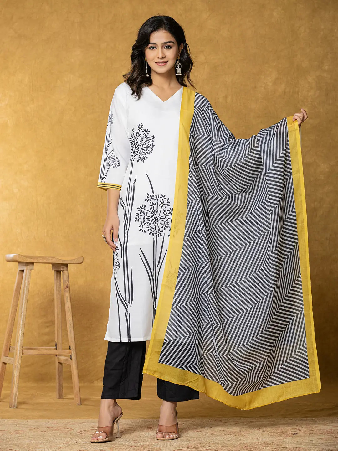 White And Black Linen Kurta Dupatta Pant Set-Yufta Store-7323SKDWHS