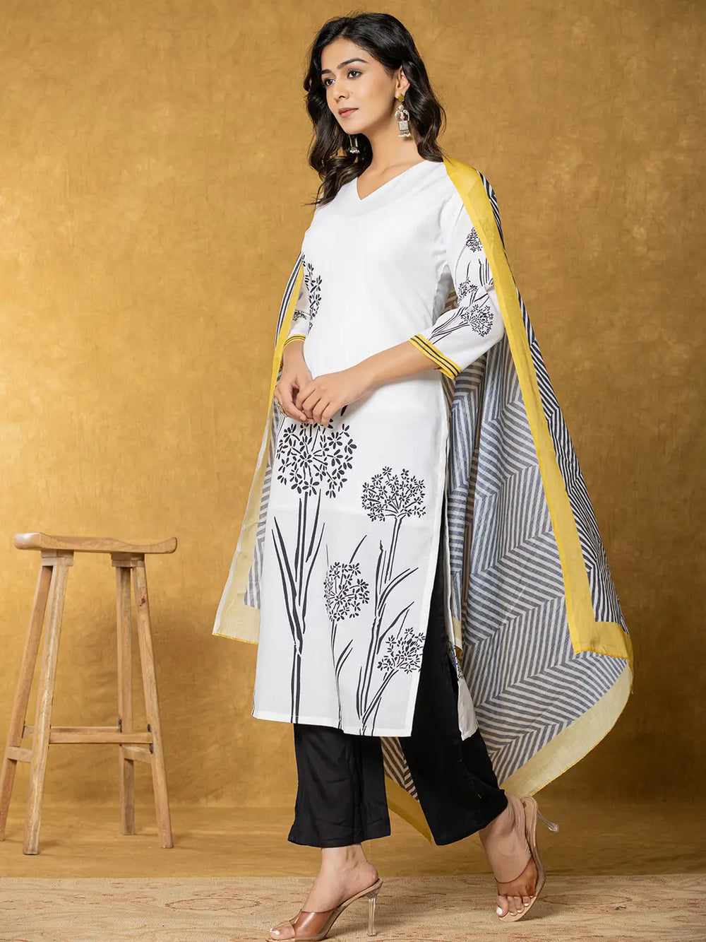 White And Black Linen Kurta Dupatta Pant Set-Yufta Store-7323SKDWHS