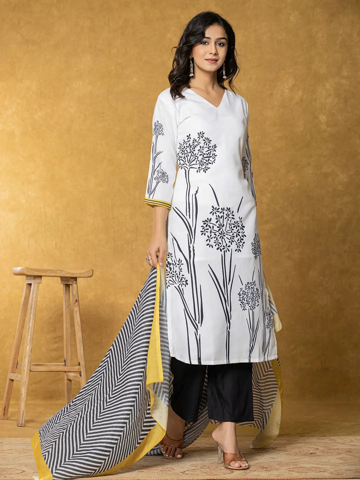 White And Black Linen Kurta Dupatta Pant Set-Yufta Store-7323SKDWHS