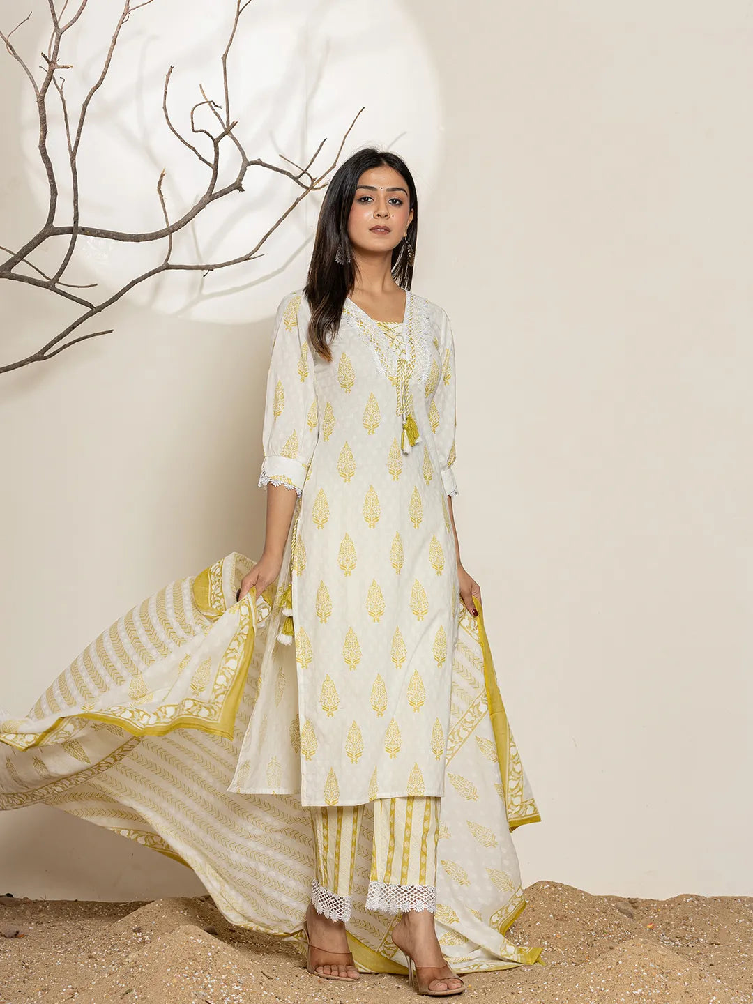 White & Green Floral Cotton Straight Suit Set-Yufta Store-6853SKDGRS