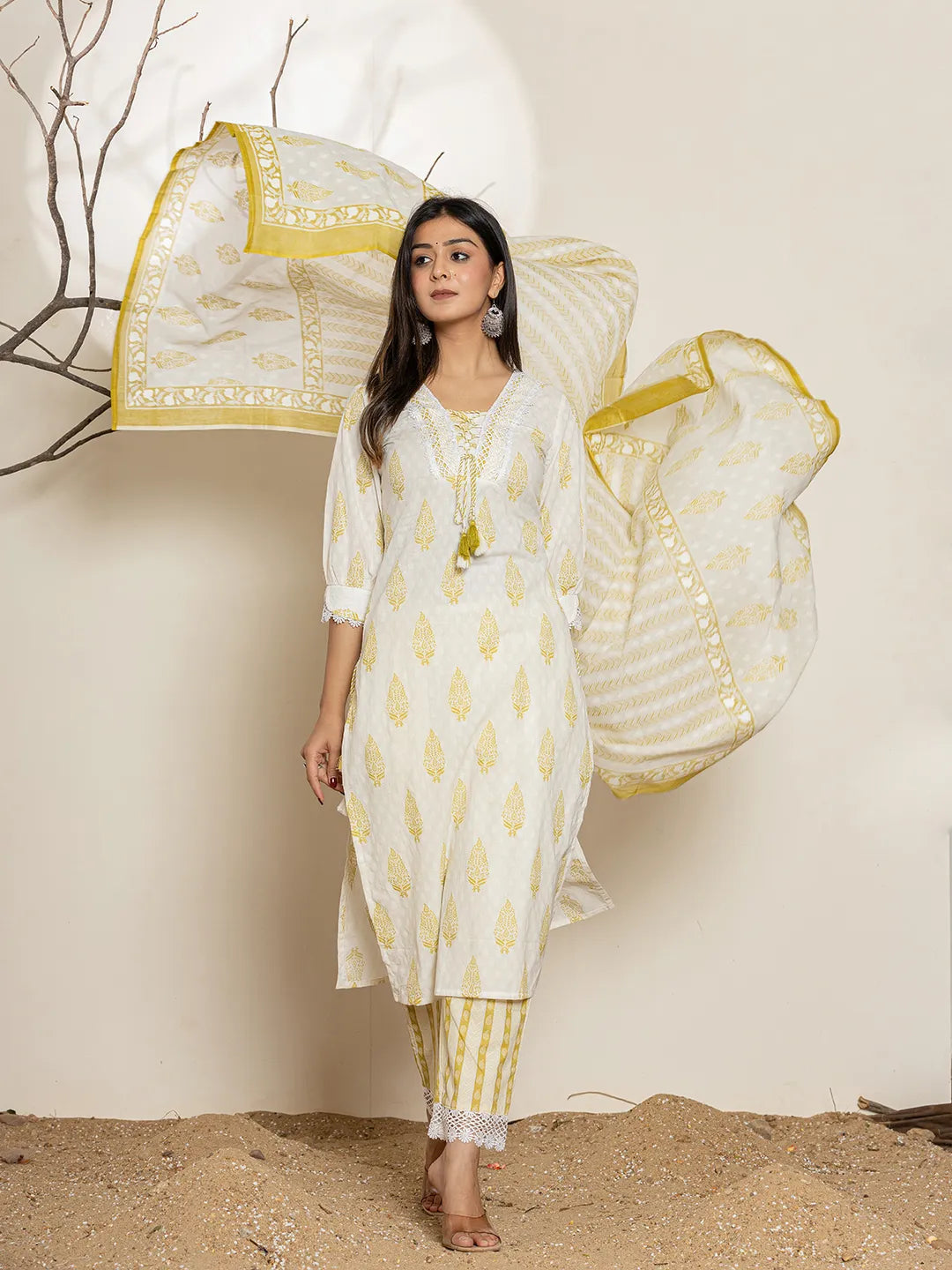 White & Green Floral Cotton Straight Suit Set-Yufta Store-6853SKDGRS