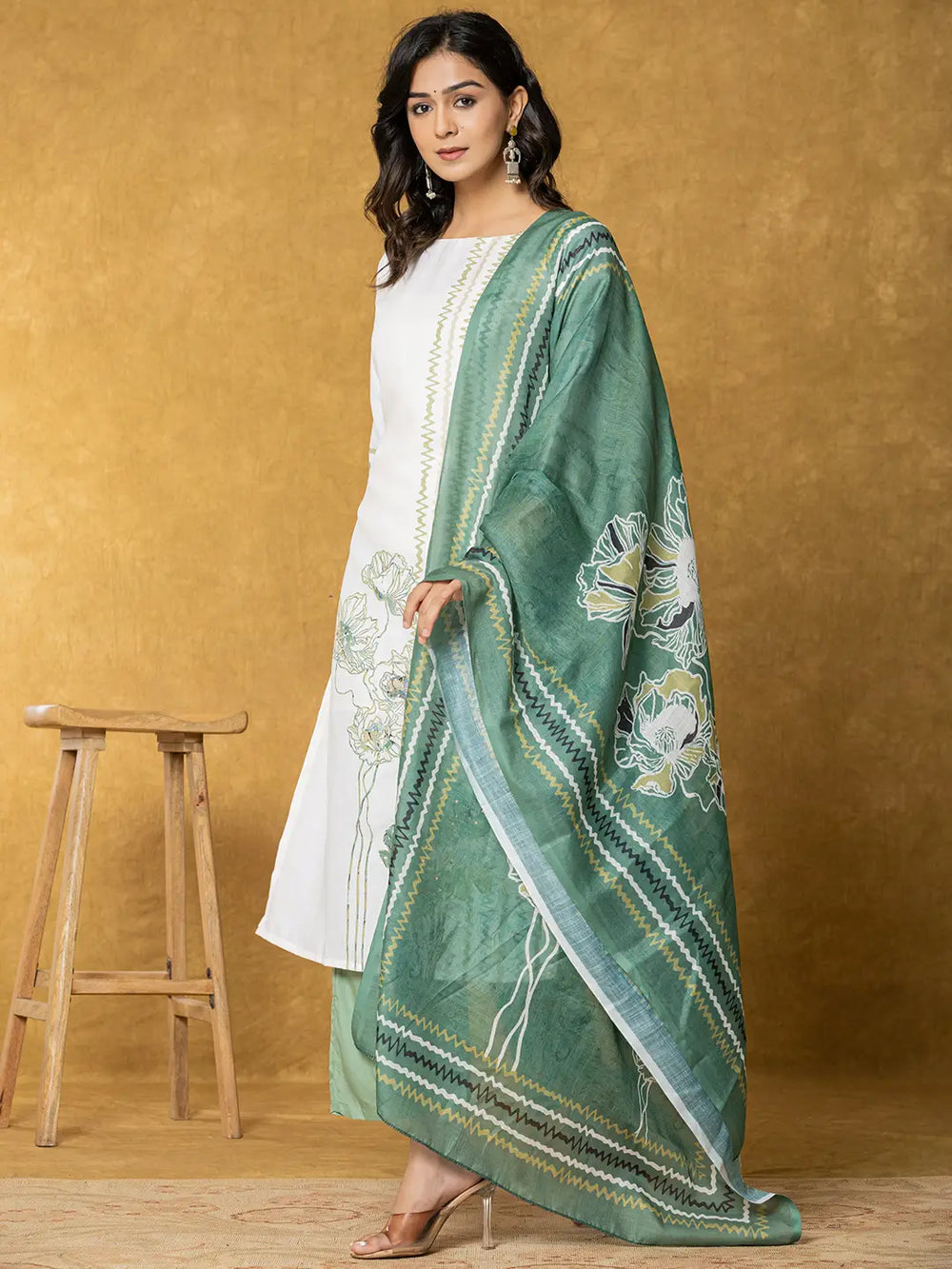 White And Green Linen Kurta Dupatta Pant Set-Yufta Store-7321SKDGRS