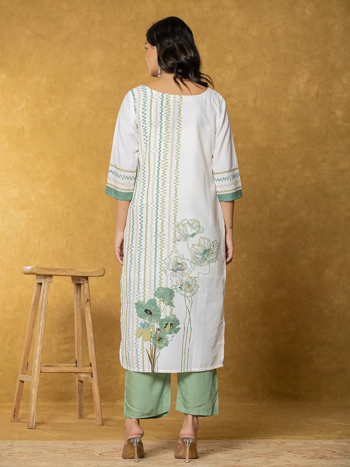 White And Green Linen Kurta Dupatta Pant Set-Yufta Store-7321SKDGRS