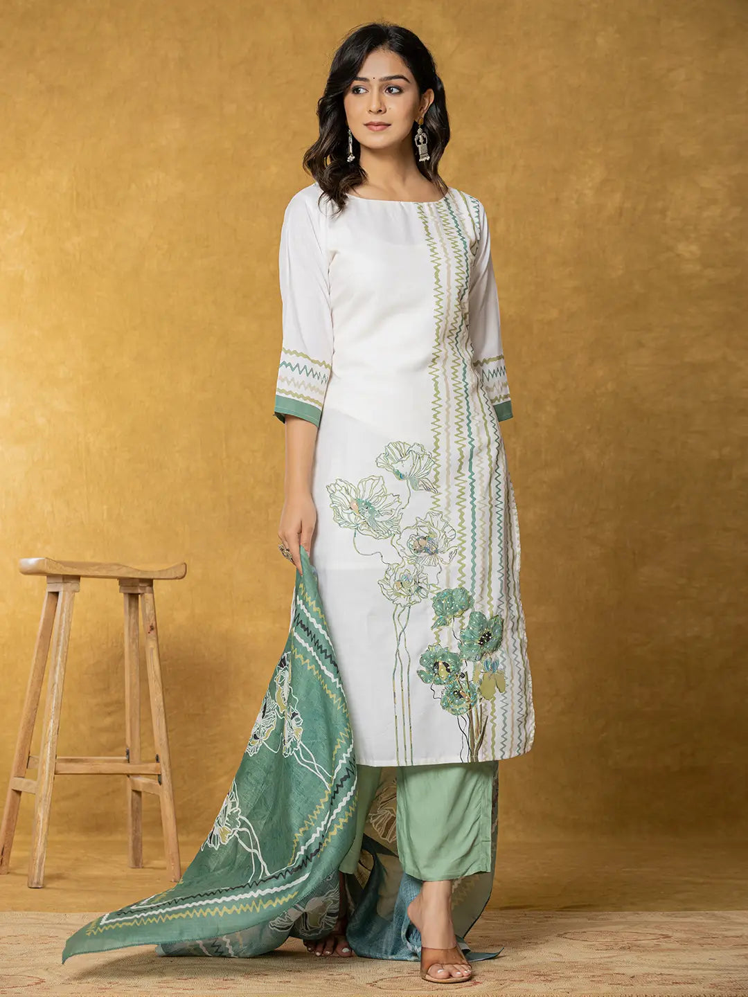 White And Green Linen Kurta Dupatta Pant Set-Yufta Store-7321SKDGRS