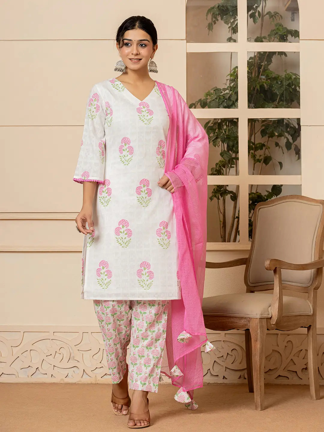 White And Pink Cotton Floral Print Kurta Dupatta Set-Yufta Store-6009SKDPKS