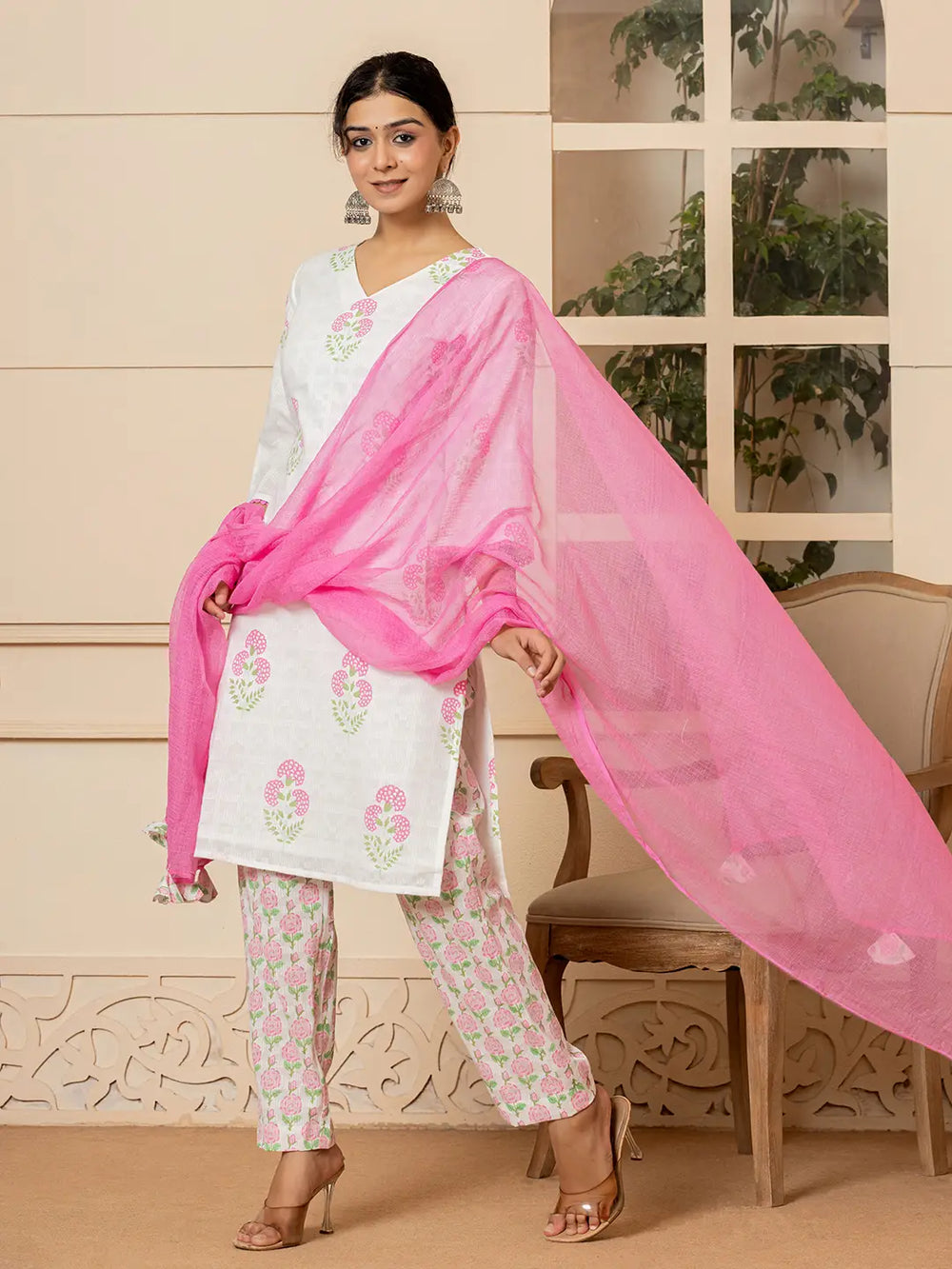 White And Pink Cotton Floral Print Kurta Dupatta Set-Yufta Store-6009SKDPKS