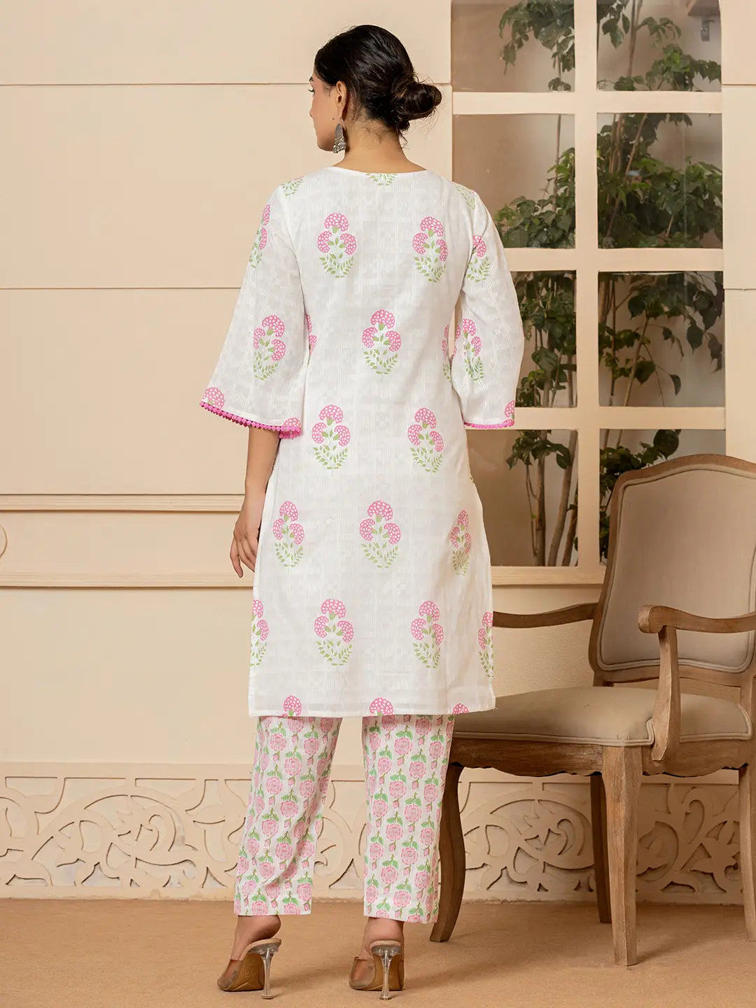 White And Pink Cotton Floral Print Kurta Dupatta Set-Yufta Store-6009SKDPKS