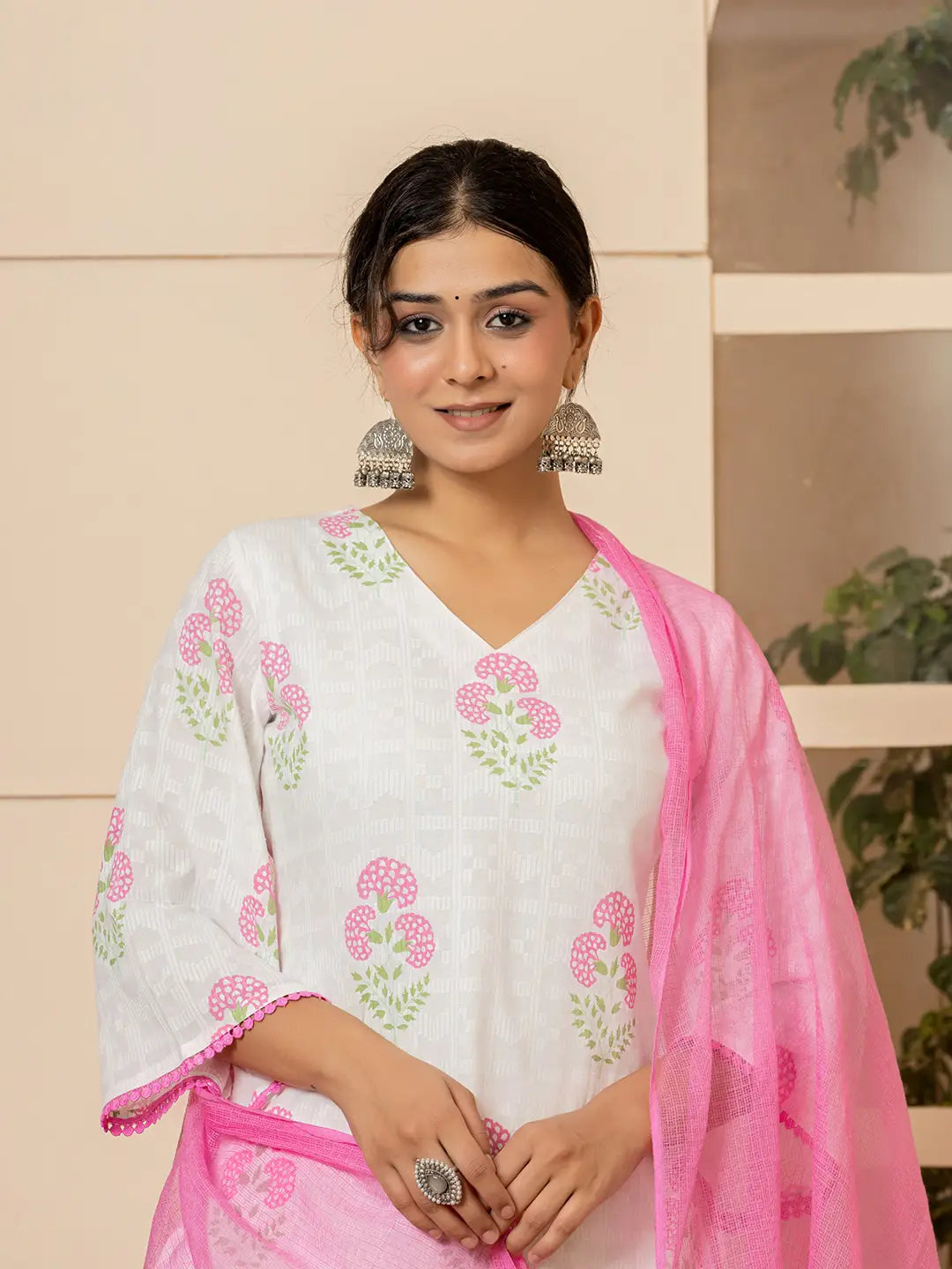 White And Pink Cotton Floral Print Kurta Dupatta Set-Yufta Store-6009SKDPKS