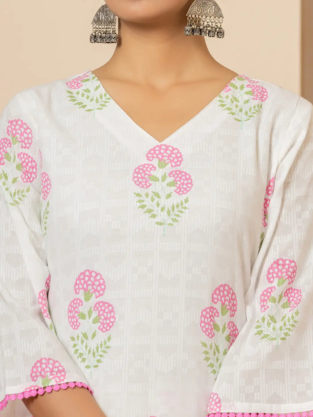 White And Pink Cotton Floral Print Kurta Dupatta Set-Yufta Store-6009SKDPKS